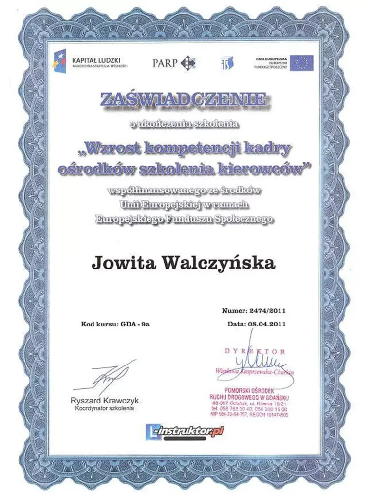 Certyfikat - Wzrost kompetencji kadry Ośrodków Szkolenia Kierowców - Jowita Walczyńska