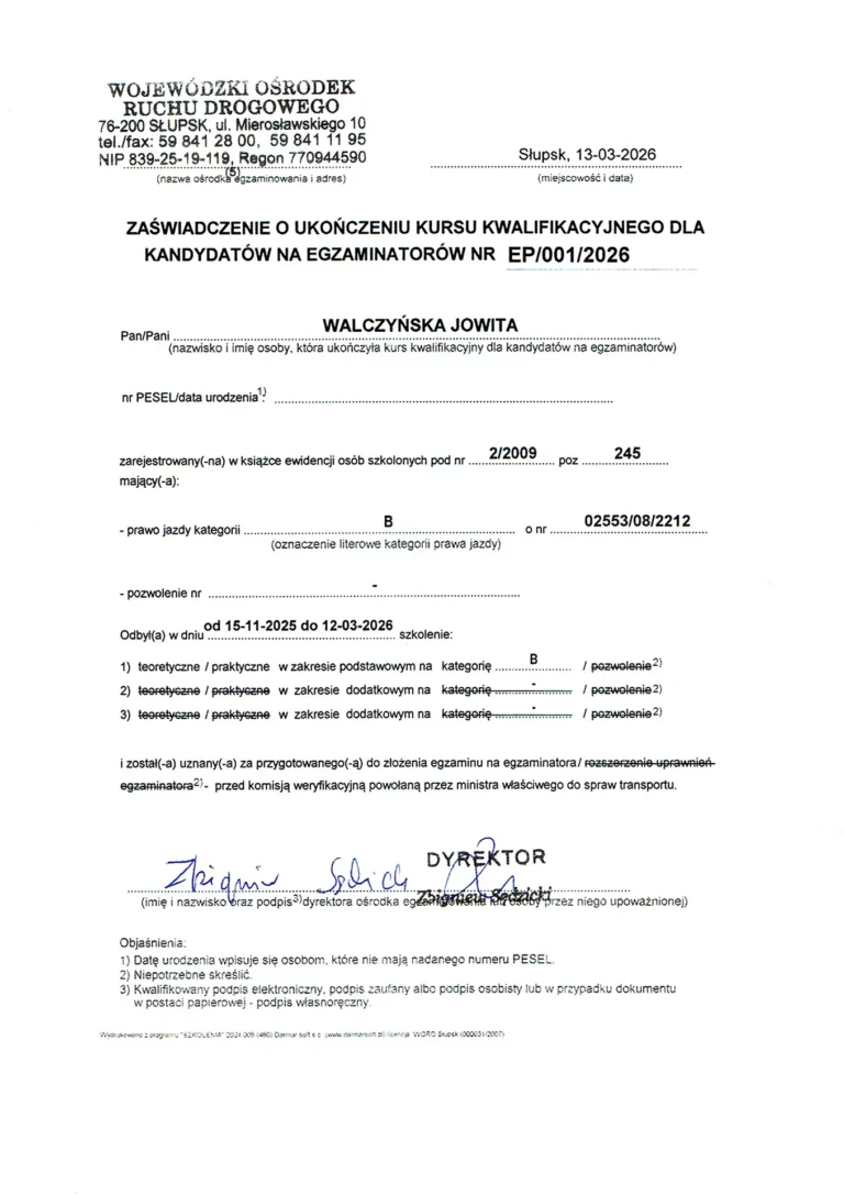Jowita Walczynska - Qualifying Examination Course