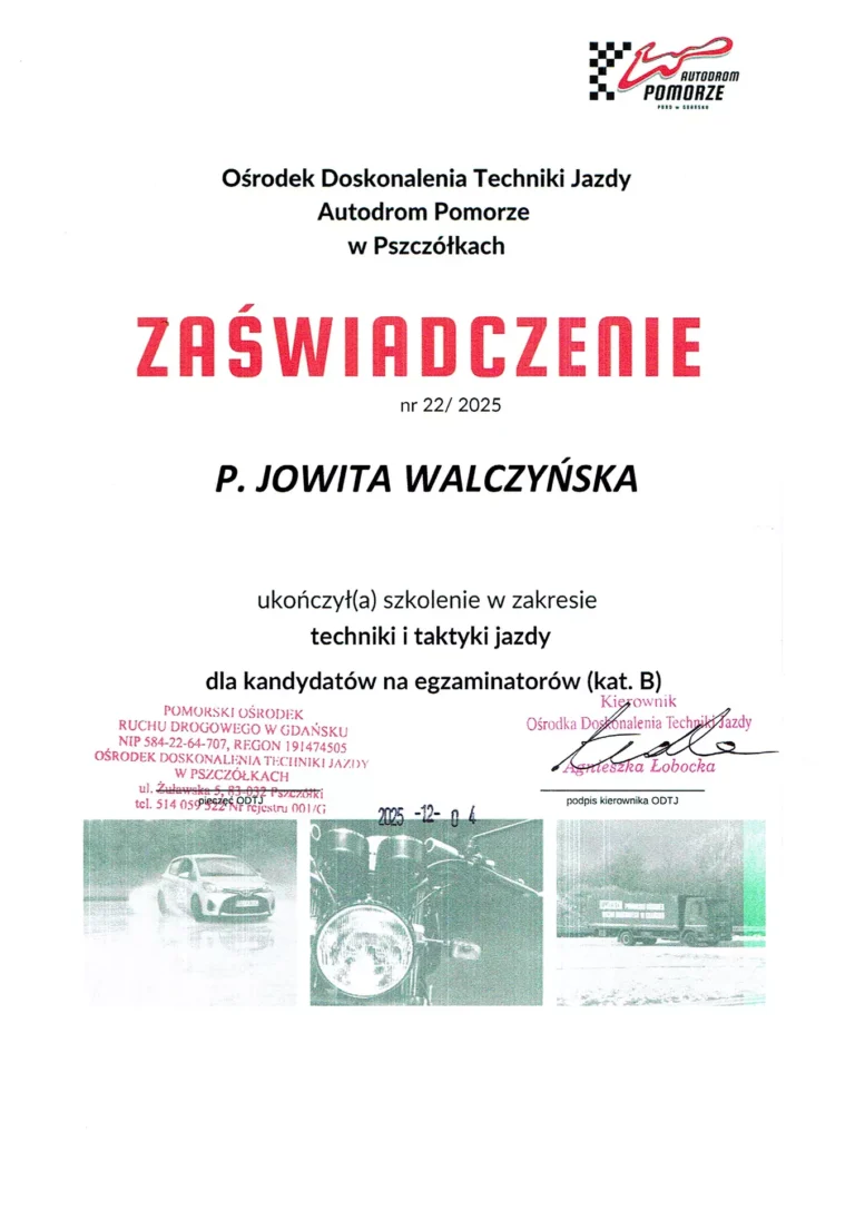 Jowita Walczynska - Certificate - Driving Techniques and Tactics