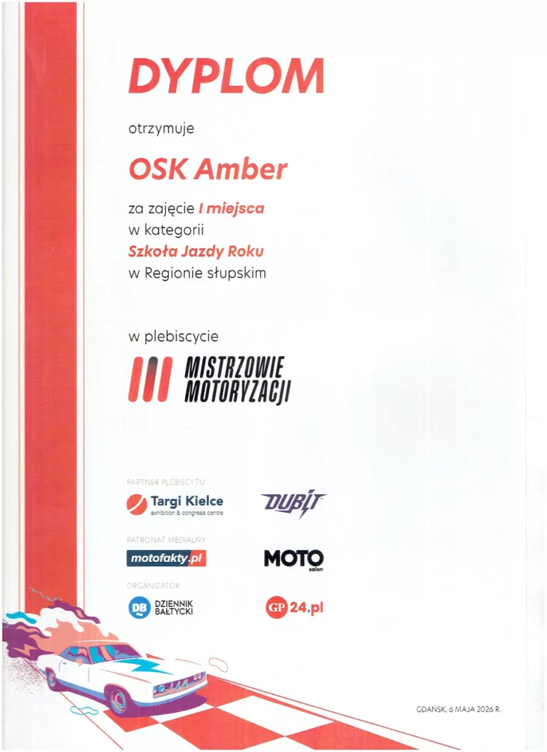 Сертифікат — OSK AMBER — 1-ше місце — Автошкола року в Слупському регіоні